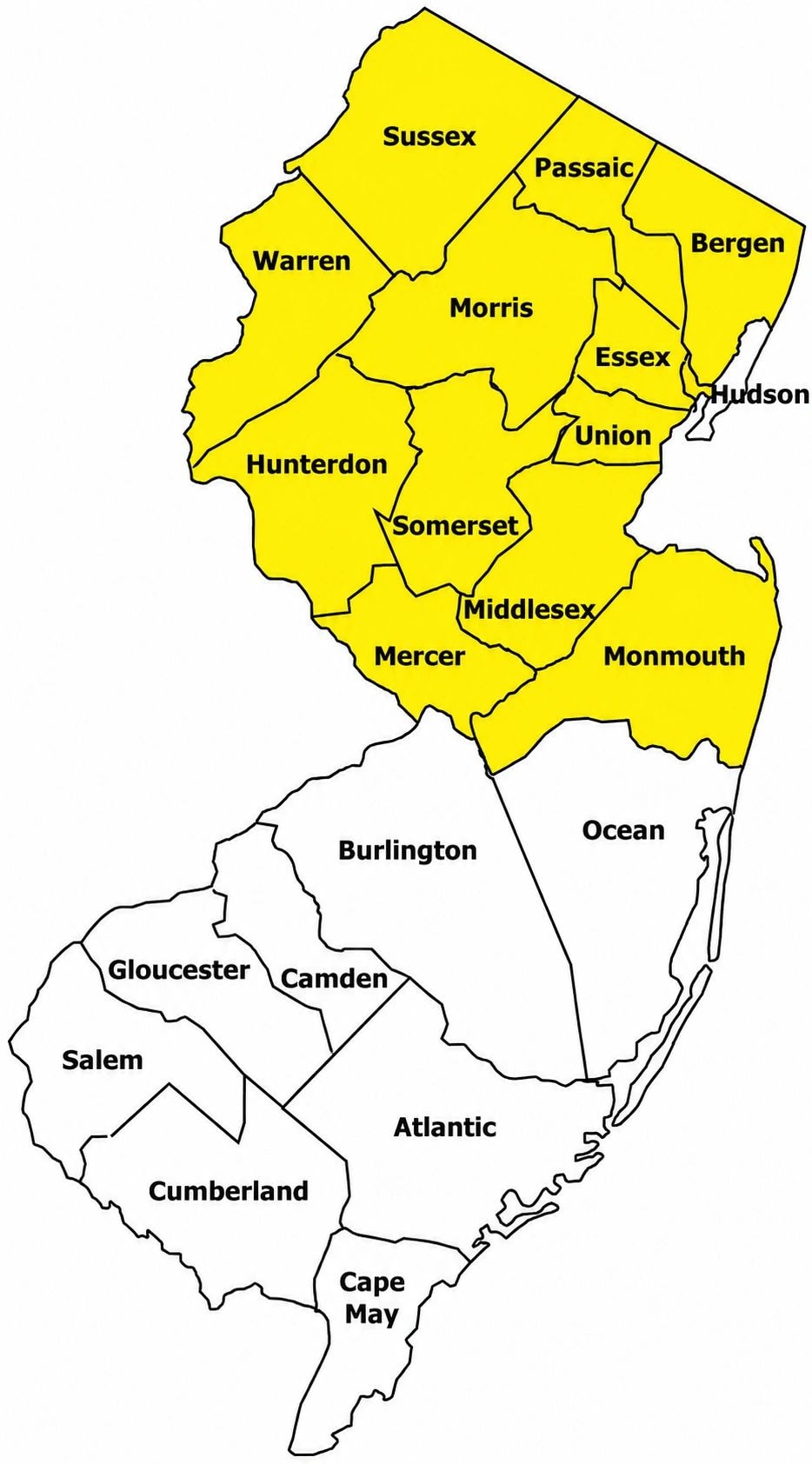 New Jersey county map showing northern and central counties served by Pioneer Appraisal Group